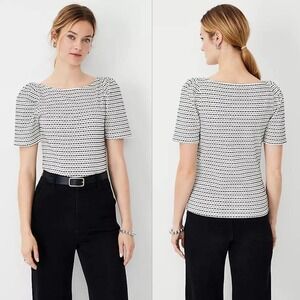 Ann Taylor Women's‎ Size L Black White Striped Textured Top Short Sleeve Puff